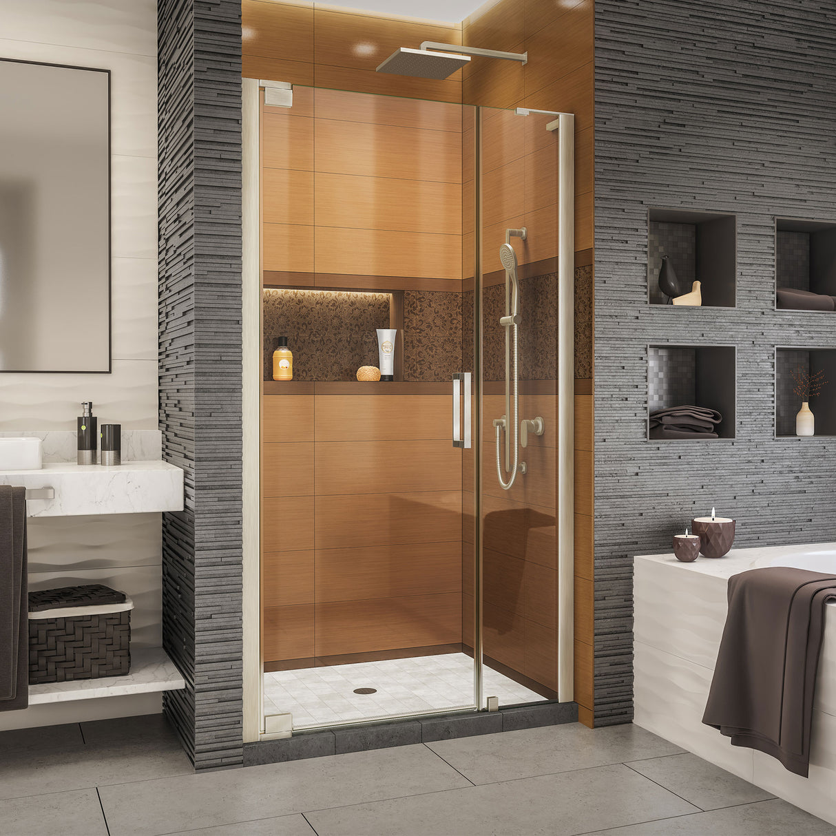 DreamLine Elegance-LS 44 - 46 in. W x 72 in. H Frameless Pivot Shower Door in Brushed Nickel