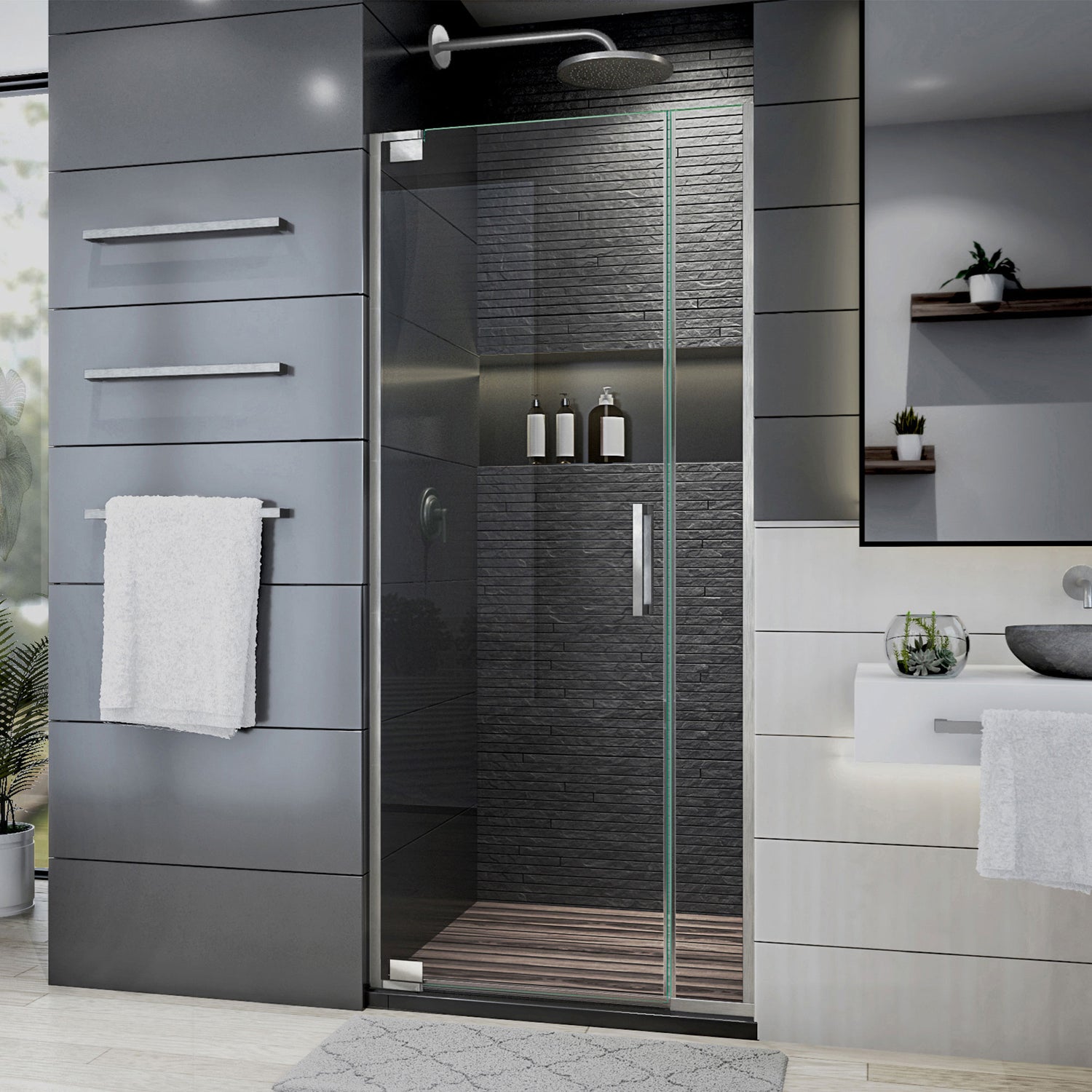 DreamLine Elegance Plus 30-30 3/4 in. W x 72 in. H Frameless Pivot Shower Door in Brushed Nickel