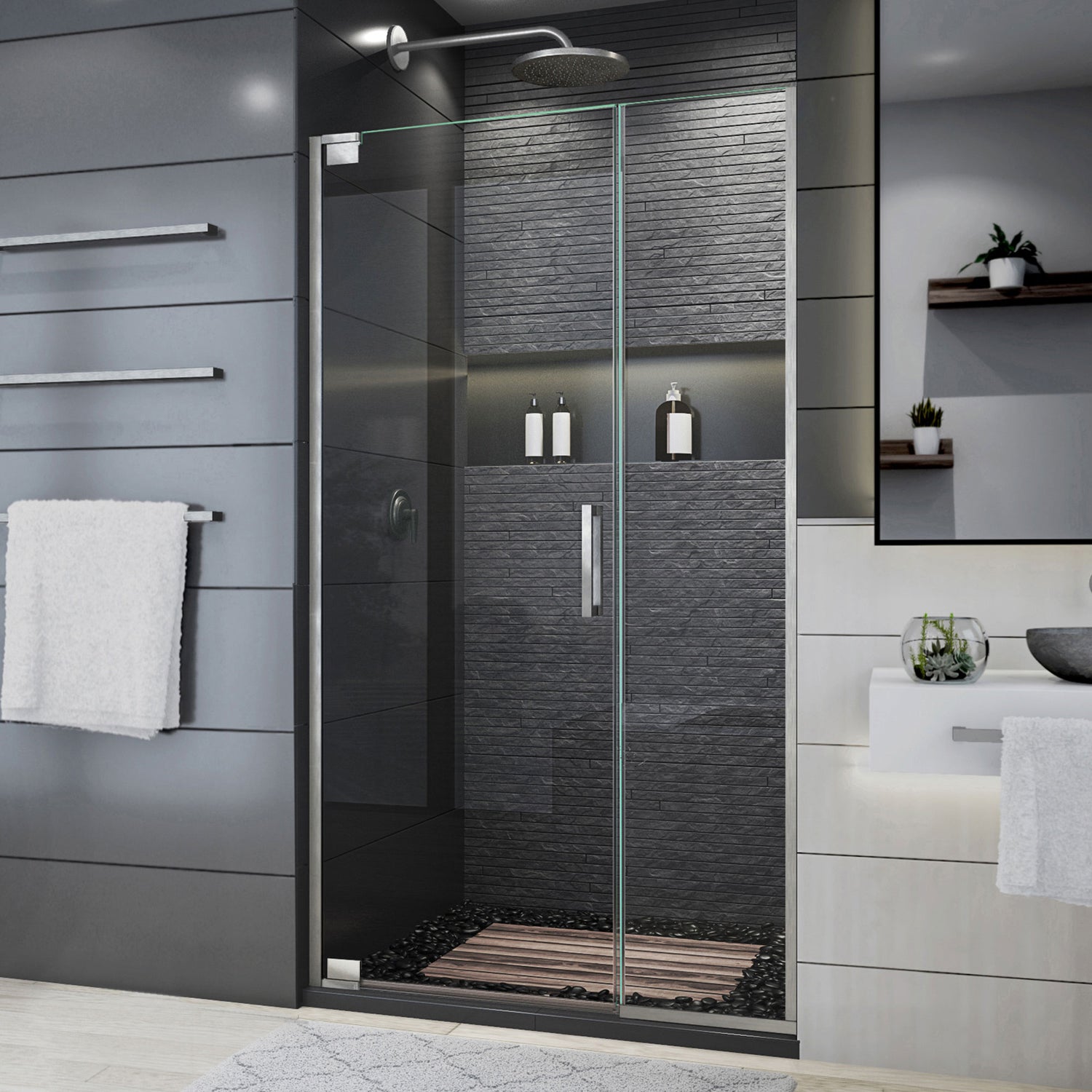 DreamLine Elegance Plus 39 3/4 - 40 1/2 in. W x 72 in. H Frameless Pivot Shower Door in Brushed Nickel