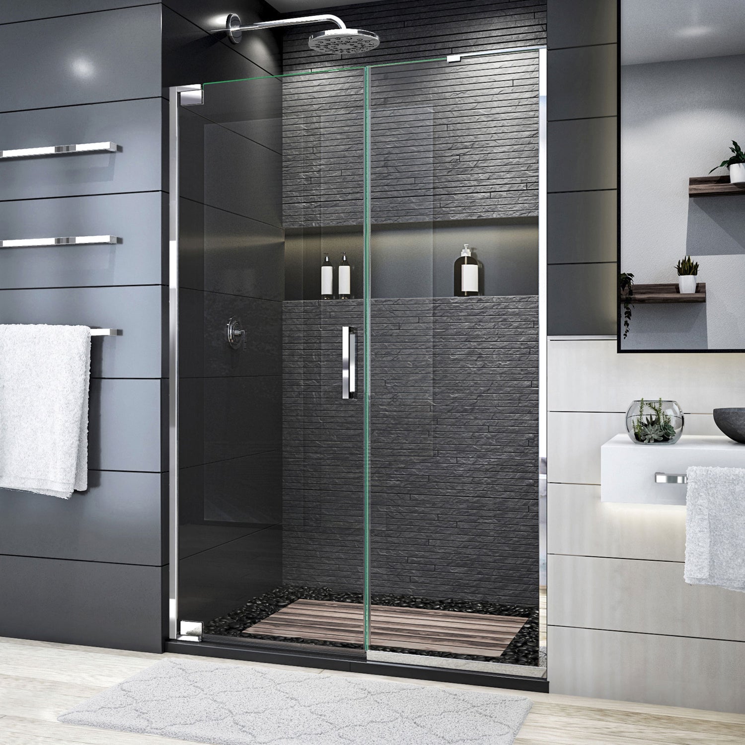 DreamLine Elegance Plus 46-46 3/4 in. W x 72 in. H Frameless Pivot Shower Door in Chrome