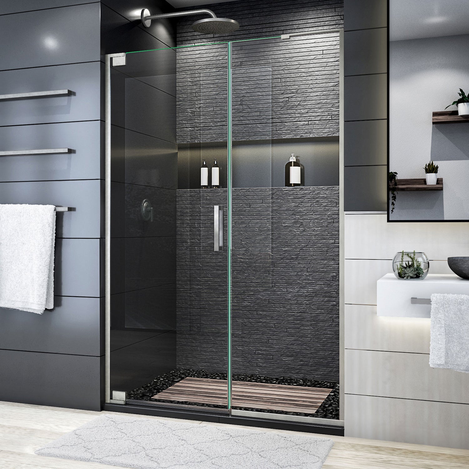 DreamLine Elegance Plus 46-46 3/4 in. W x 72 in. H Frameless Pivot Shower Door in Brushed Nickel