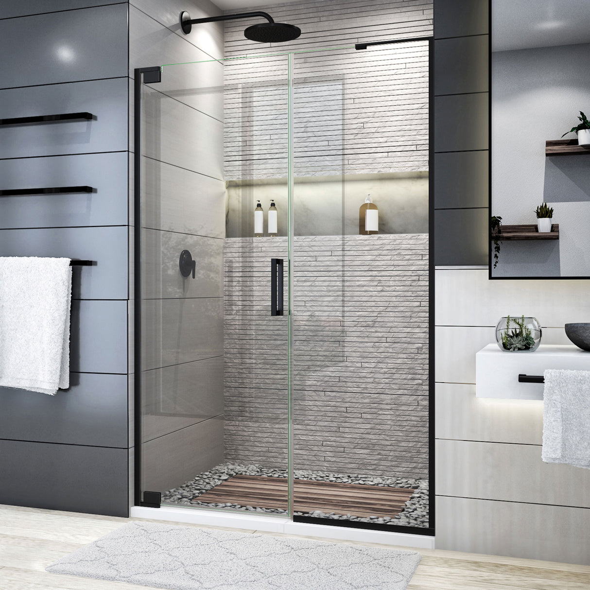 DreamLine Elegance Plus 46-46 3/4 in. W x 72 in. H Frameless Pivot Shower Door in Satin Black