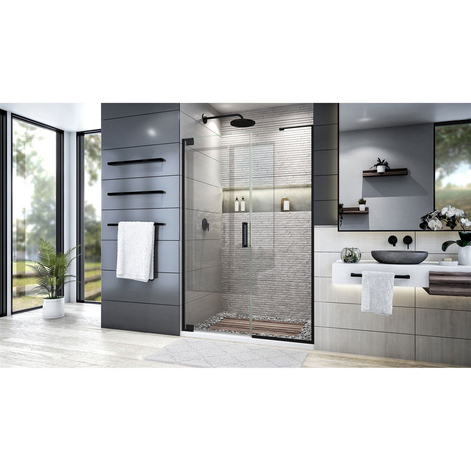 DreamLine Elegance Plus 46-46 3/4 in. W x 72 in. H Frameless Pivot Shower Door in Satin Black