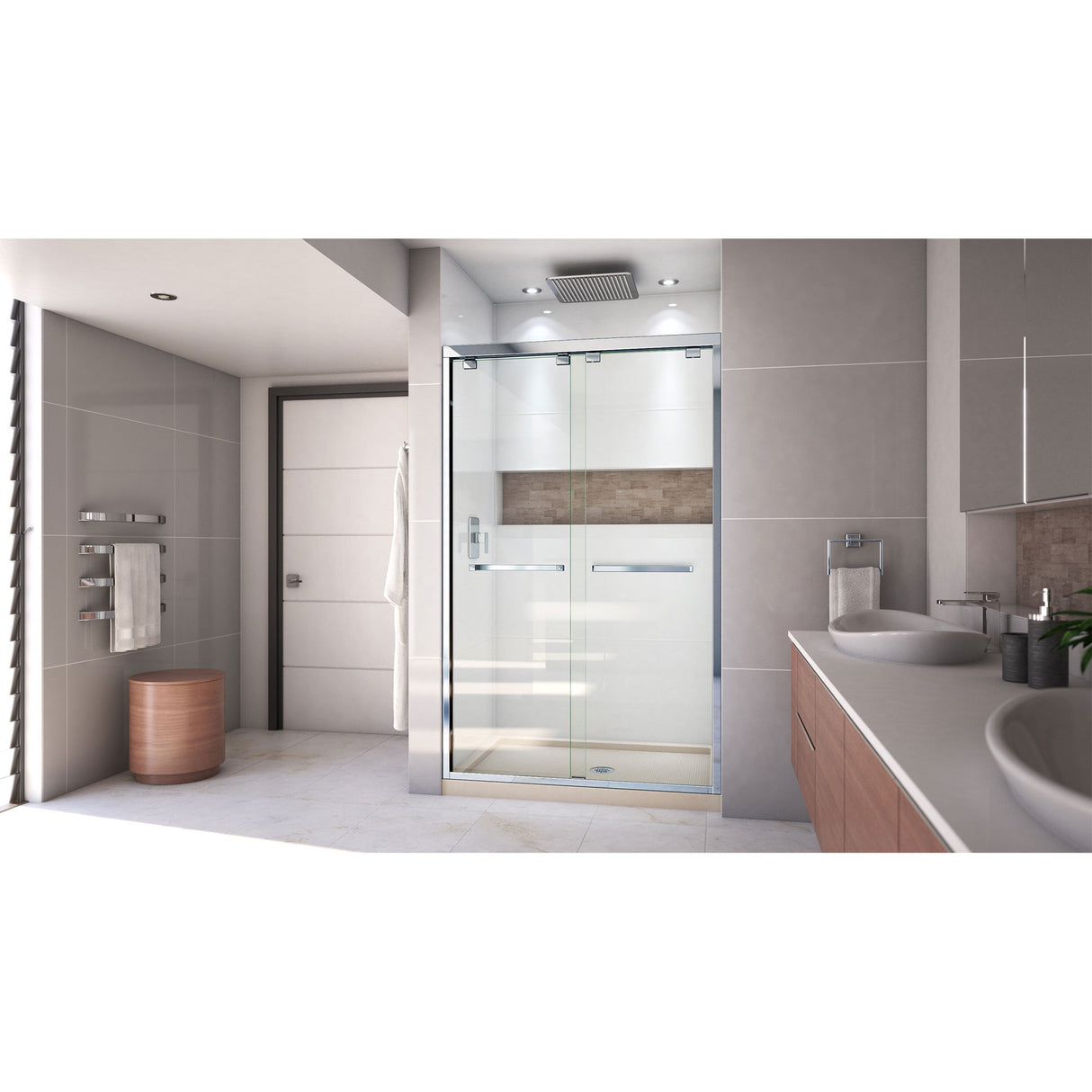 DreamLine Encore 32 in. D x 48 in. W x 78 3/4 in. H Bypass Shower Door in Chrome and Center Drain Biscuit Base Kit