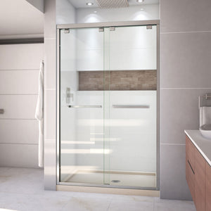 DreamLine Encore 34 in. D x 48 in. W x 78 3/4 in. H Bypass Shower Door in Brushed Nickel and Center Drain Biscuit Base Kit