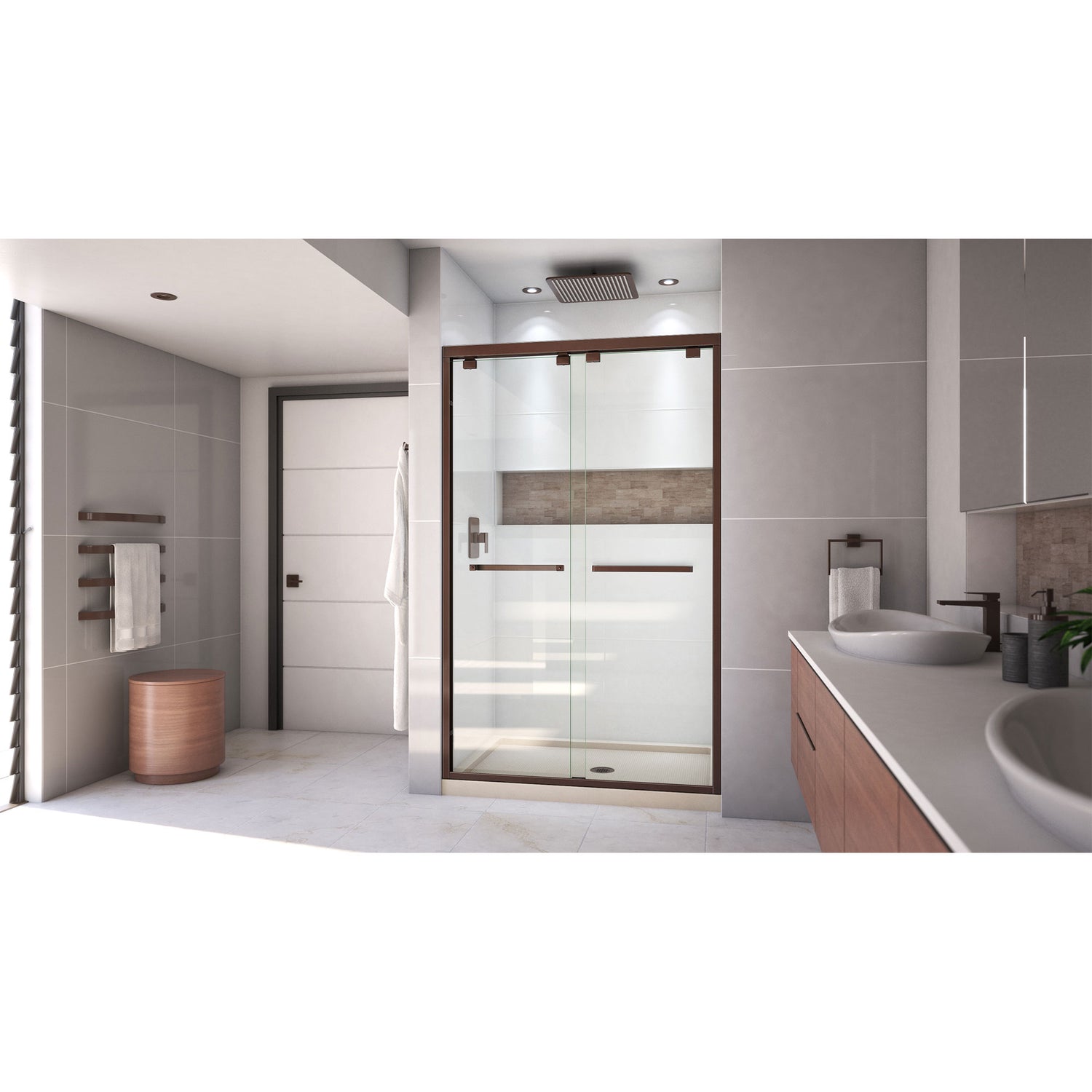 DreamLine Encore 32 in. D x 48 in. W x 78 3/4 in. H Bypass Shower Door in Oil Rubbed Bronze and Center Drain Biscuit Base Kit
