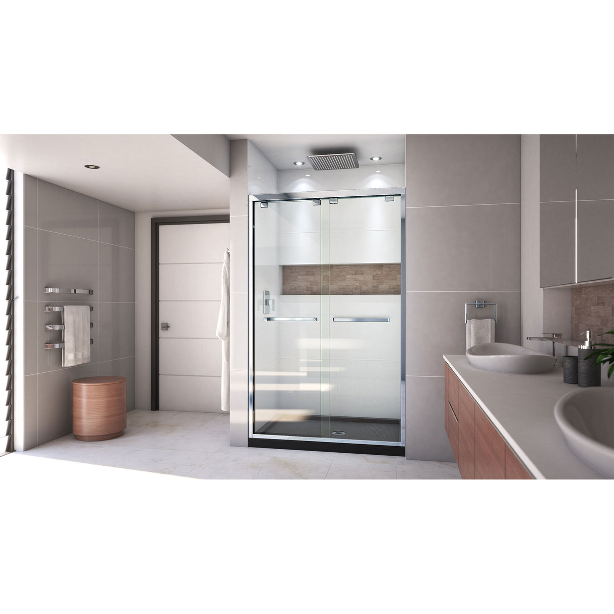 DreamLine Encore 34 in. D x 48 in. W x 78 3/4 in. H Bypass Shower Door in Chrome and Center Drain Black Base Kit