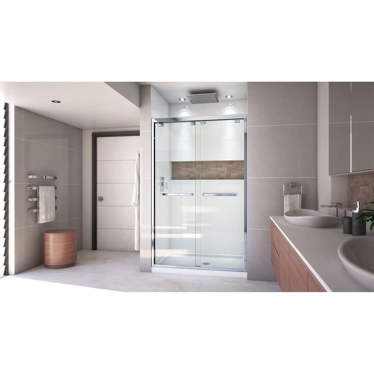 DreamLine Encore 32 in. D x 48 in. W x 78 3/4 in. H Bypass Shower Door in Chrome and Center Drain White Base Kit