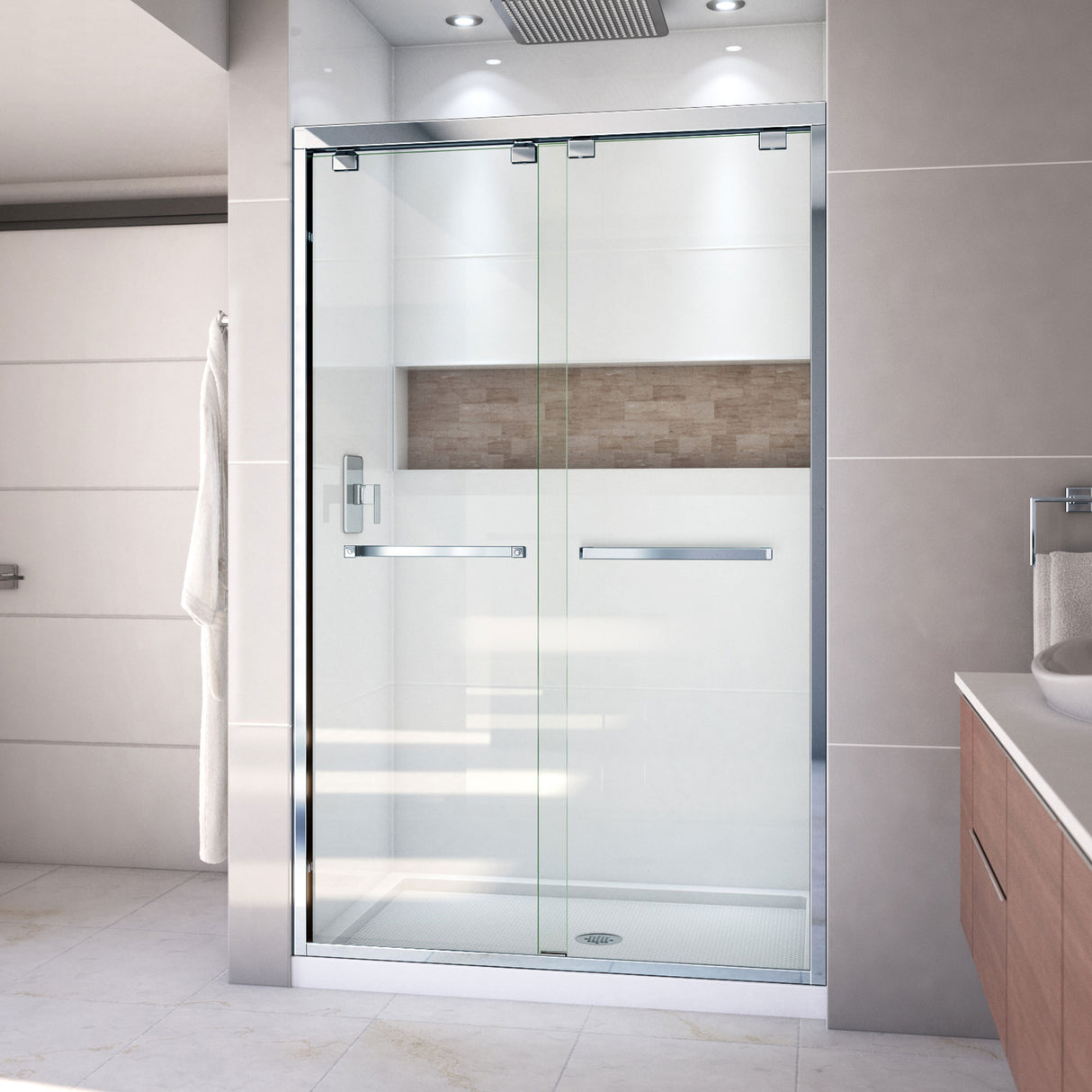 DreamLine Encore 34 in. D x 48 in. W x 78 3/4 in. H Bypass Shower Door in Chrome and Center Drain White Base Kit