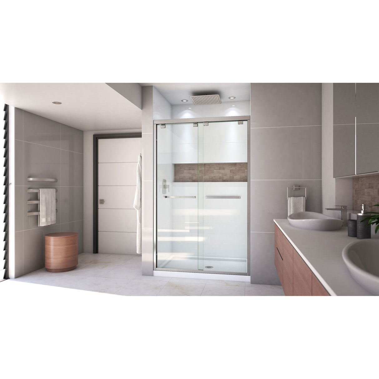 DreamLine Encore 32 in. D x 48 in. W x 78 3/4 in. H Bypass Shower Door in Brushed Nickel and Center Drain White Base Kit