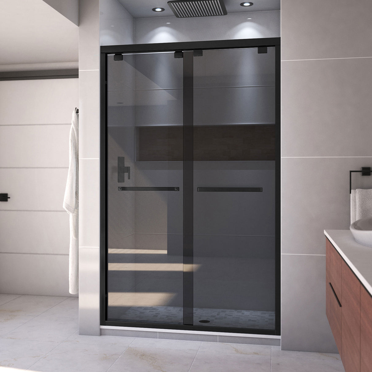 DreamLine Encore 44-48 in. W x 76 in. H Semi-Frameless Bypass Sliding Shower Door in Satin Black and Gray Glass