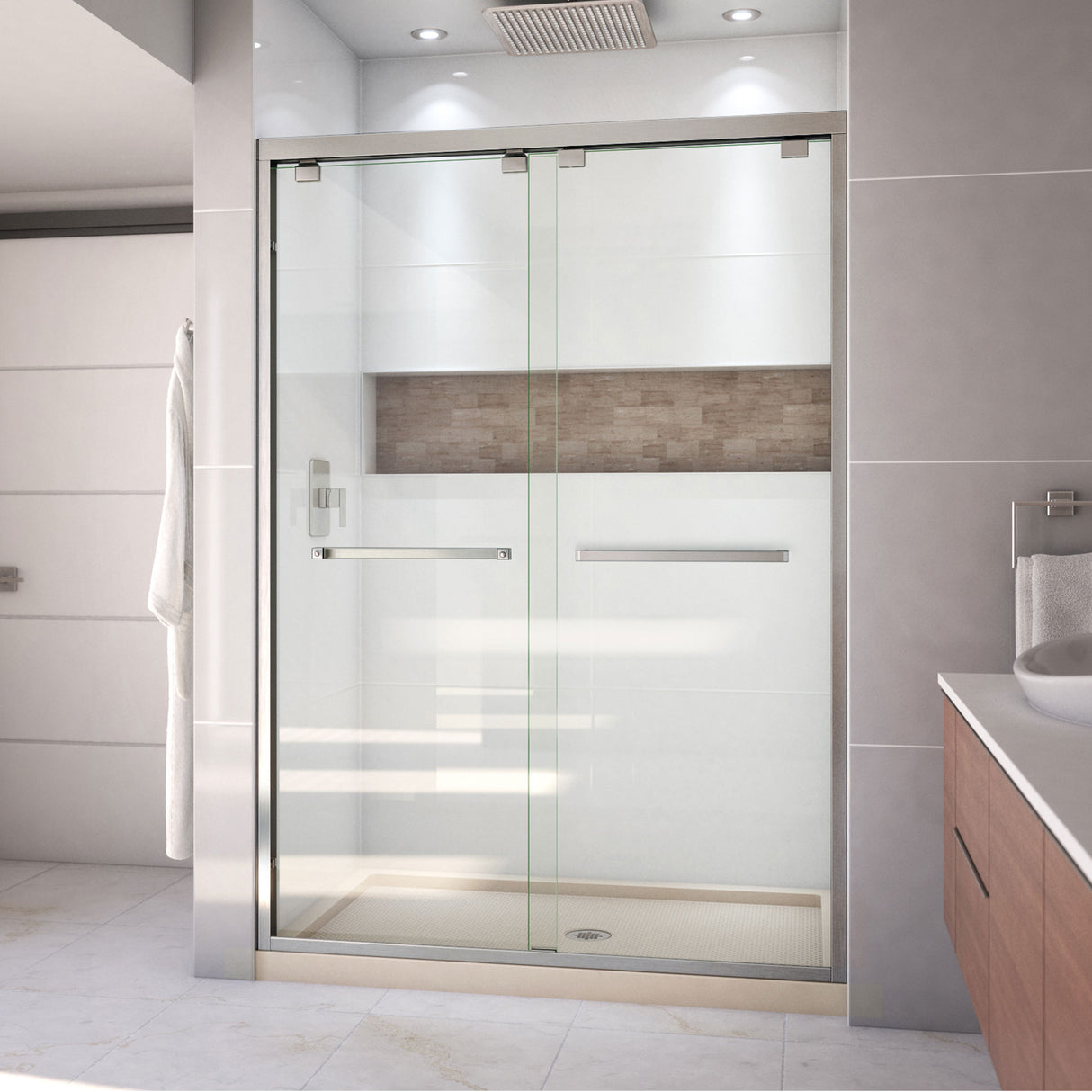 DreamLine Encore 32 in. D x 54 in. W x 78 3/4 in. H Bypass Shower Door in Brushed Nickel and Center Drain Biscuit Base Kit