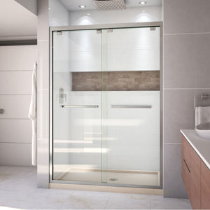 DreamLine Encore 32 in. D x 54 in. W x 78 3/4 in. H Bypass Shower Door in Brushed Nickel and Center Drain Biscuit Base Kit