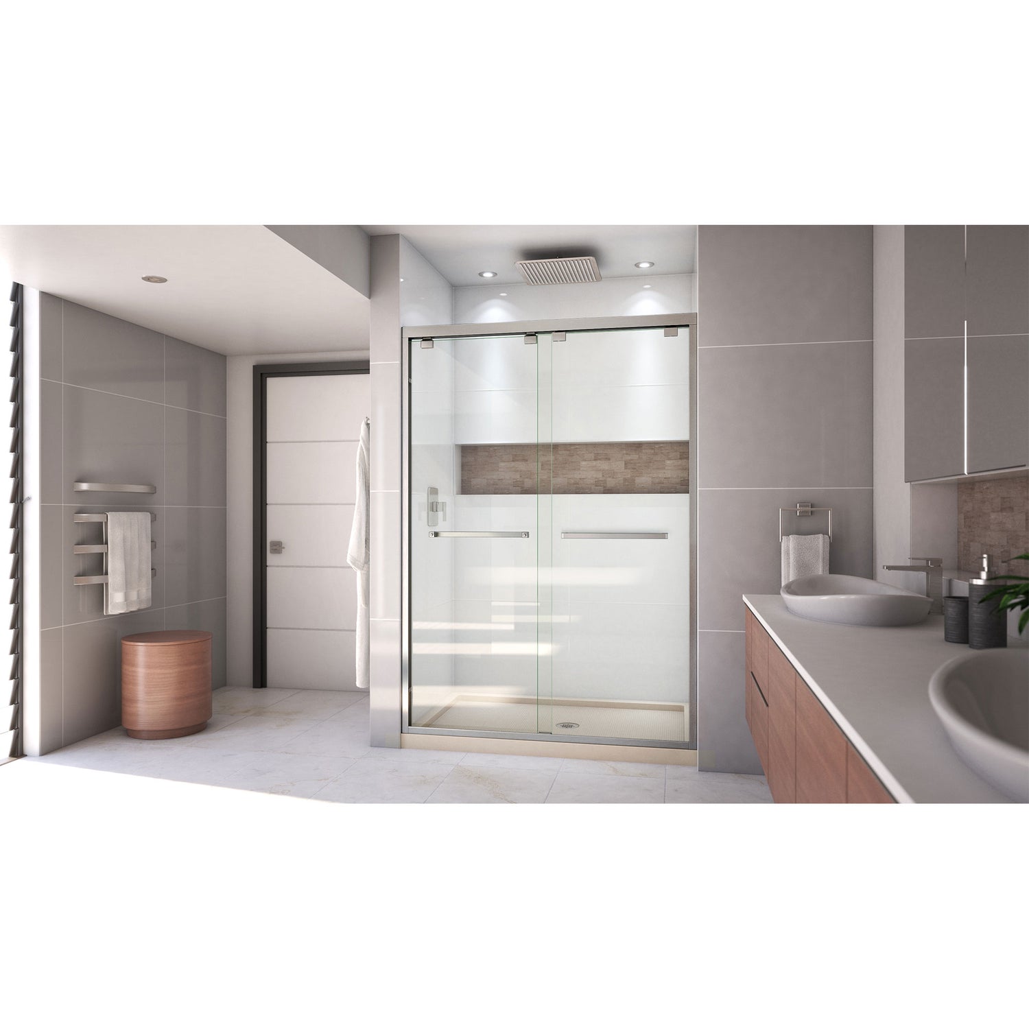 DreamLine Encore 32 in. D x 54 in. W x 78 3/4 in. H Bypass Shower Door in Brushed Nickel and Center Drain Biscuit Base Kit