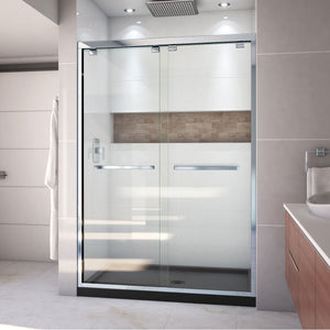 DreamLine Encore 32 in. D x 54 in. W x 78 3/4 in. H Bypass Shower Door in Chrome and Center Drain Black Base Kit