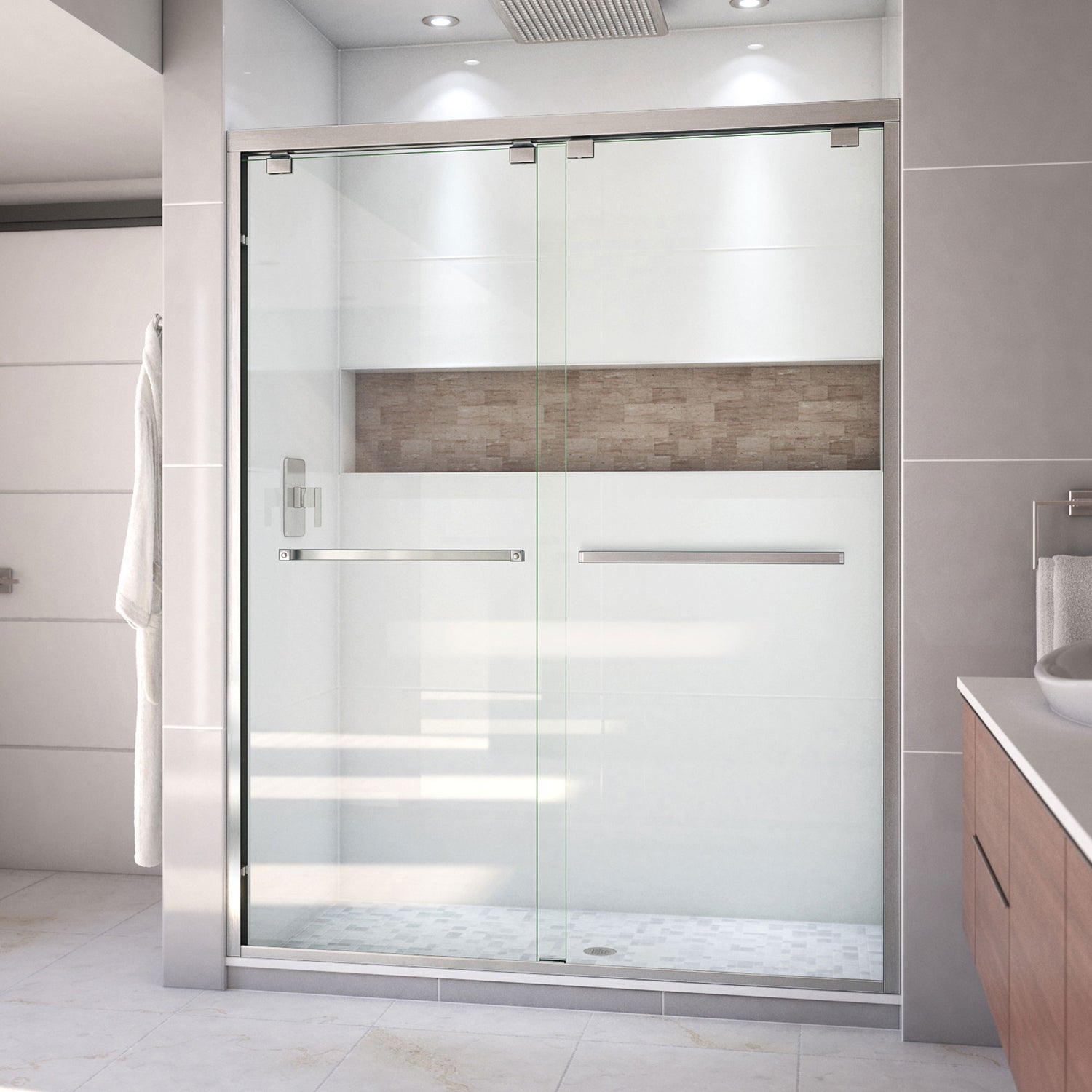 DreamLine Encore 56-60 in. W x 76 in. H Semi-Frameless Bypass Shower Door in Brushed Nickel