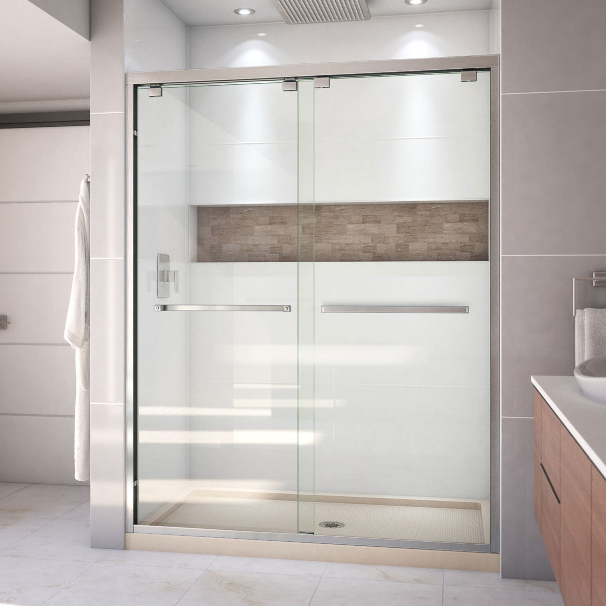 DreamLine Encore 32 in. D x 60 in. W x 78 3/4 in. H Bypass Shower Door in Brushed Nickel and Center Drain Biscuit Base Kit