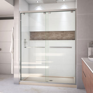 DreamLine Encore 34 in. D x 60 in. W x 78 3/4 in. H Bypass Shower Door in Brushed Nickel and Center Drain Biscuit Base Kit
