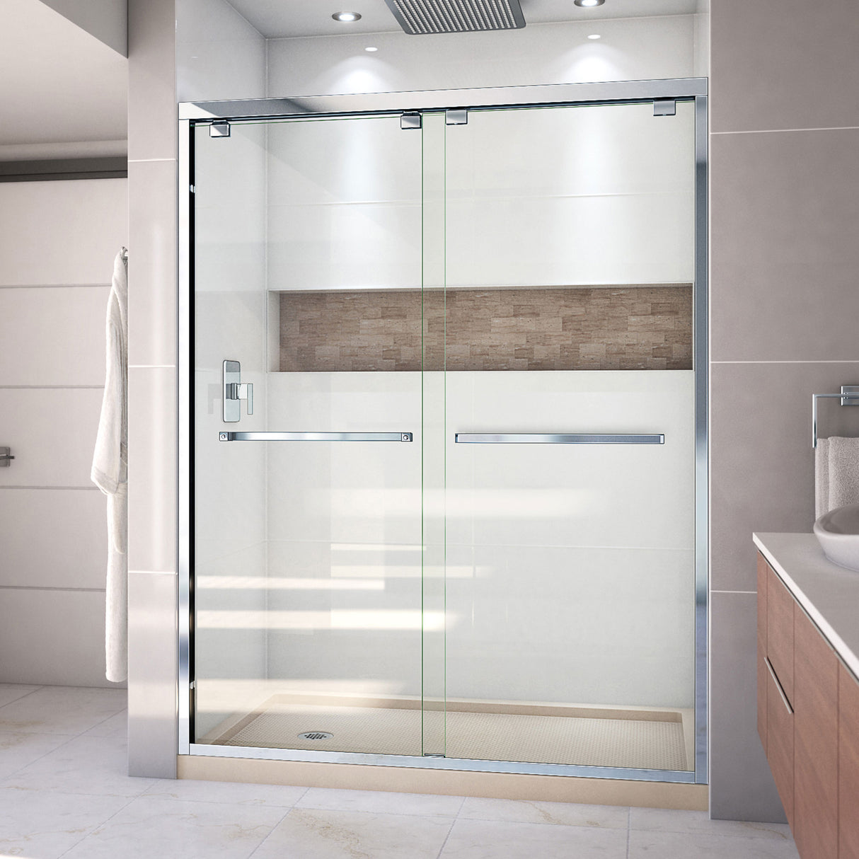 DreamLine Encore 34 in. D x 60 in. W x 78 3/4 in. H Bypass Shower Door in Chrome and Left Drain Biscuit Base Kit