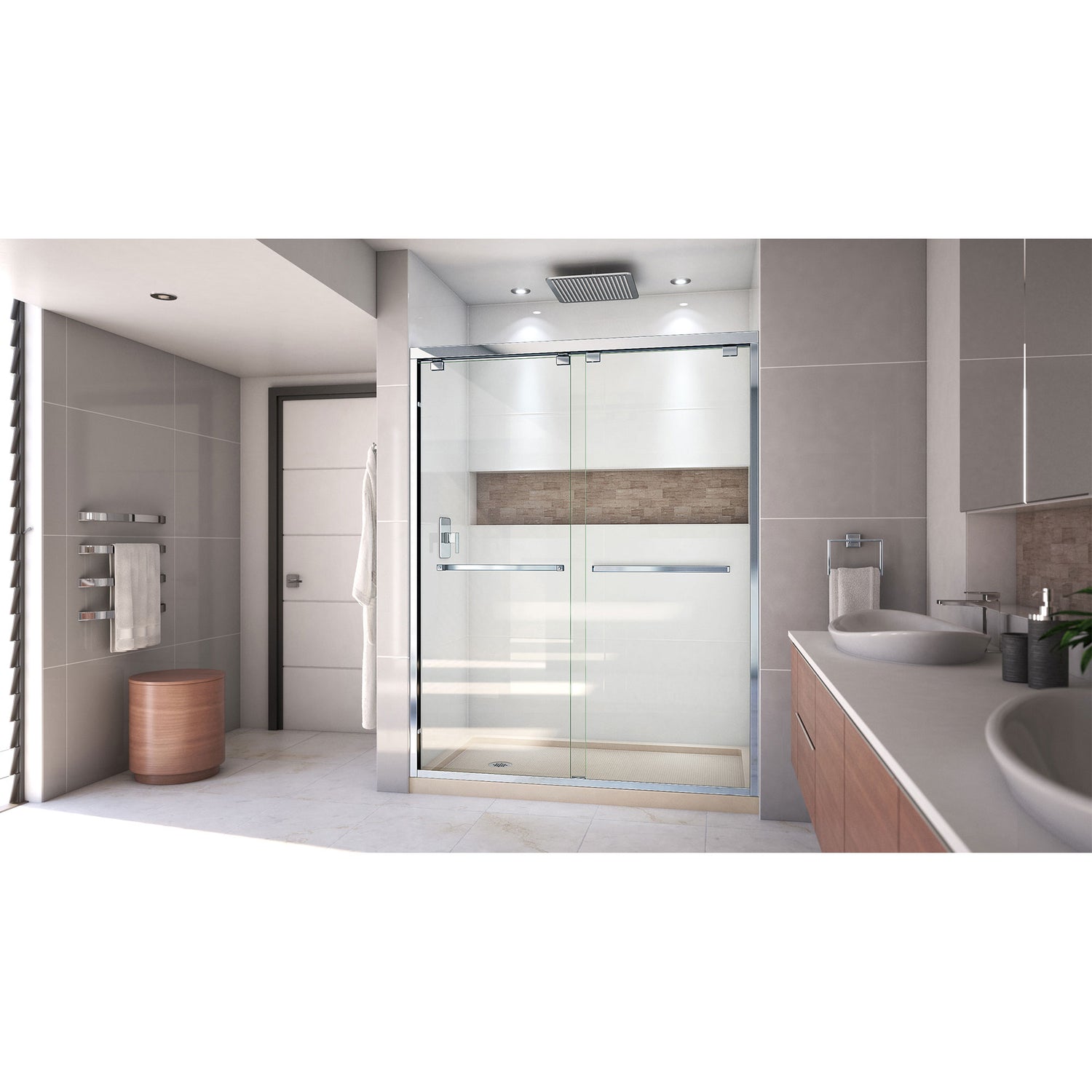 DreamLine Encore 34 in. D x 60 in. W x 78 3/4 in. H Bypass Shower Door in Chrome and Left Drain Biscuit Base Kit