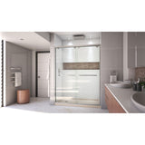 DreamLine Encore 32 in. D x 60 in. W x 78 3/4 in. H Bypass Shower Door in Brushed Nickel and Left Drain Biscuit Base Kit