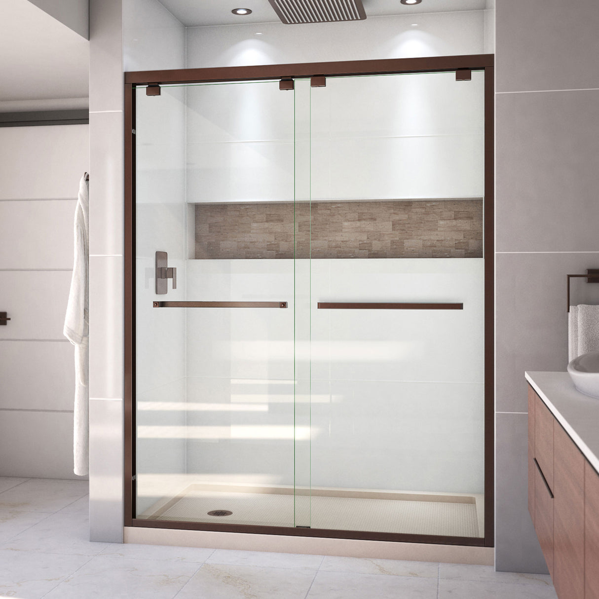 DreamLine Encore 34 in. D x 60 in. W x 78 3/4 in. H Bypass Shower Door in Oil Rubbed Bronze and Left Drain Biscuit Base Kit