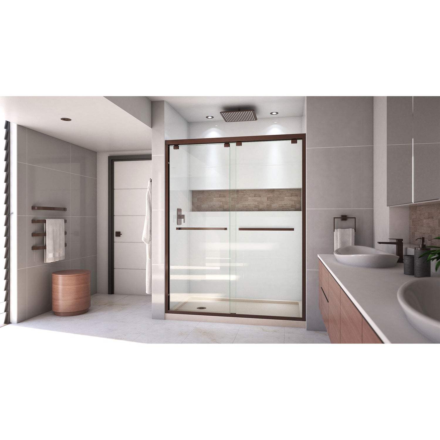 DreamLine Encore 36 in. D x 60 in. W x 78 3/4 in. H Bypass Shower Door in Oil Rubbed Bronze and Left Drain Biscuit Base Kit