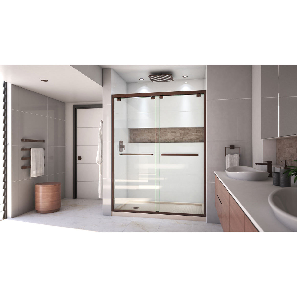 DreamLine Encore 34 in. D x 60 in. W x 78 3/4 in. H Bypass Shower Door in Oil Rubbed Bronze and Left Drain Biscuit Base Kit