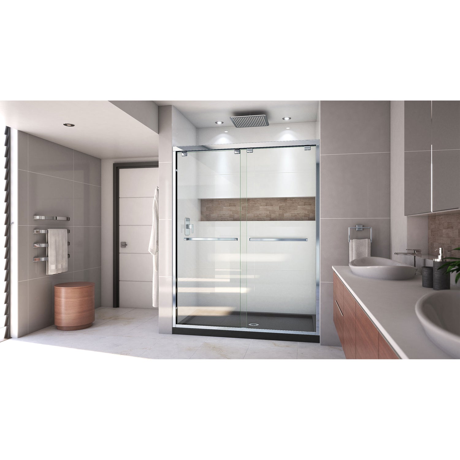 DreamLine Encore 32 in. D x 60 in. W x 78 3/4 in. H Bypass Shower Door in Chrome and Center Drain Black Base Kit