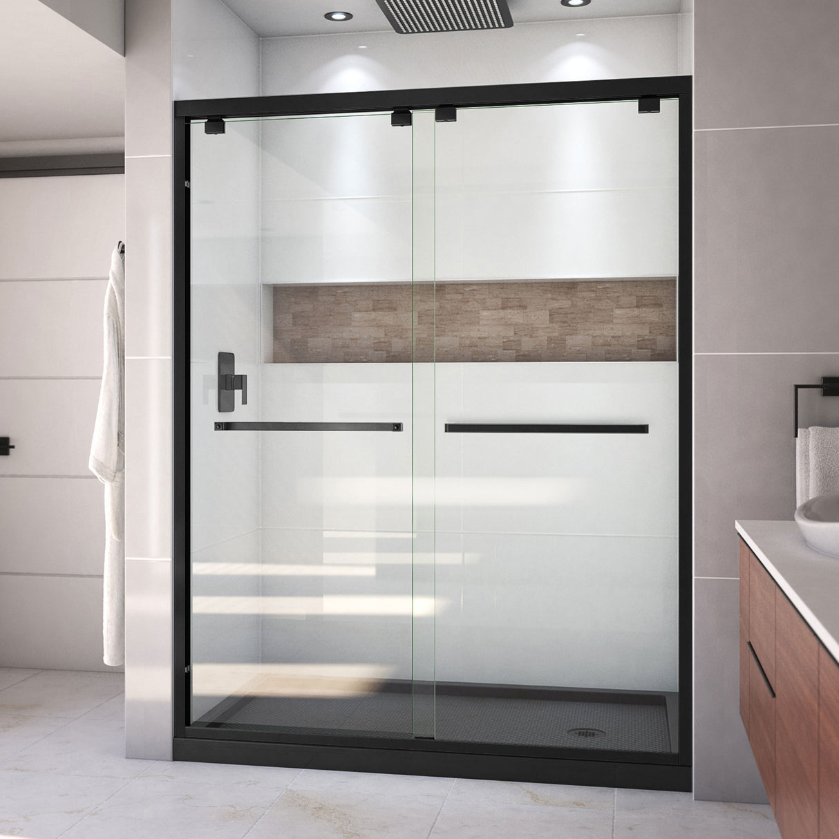 DreamLine Encore 32 in. D x 60 in. W x 78 3/4 in. H Bypass Shower Door in Satin Black and Right Drain Black Base Kit