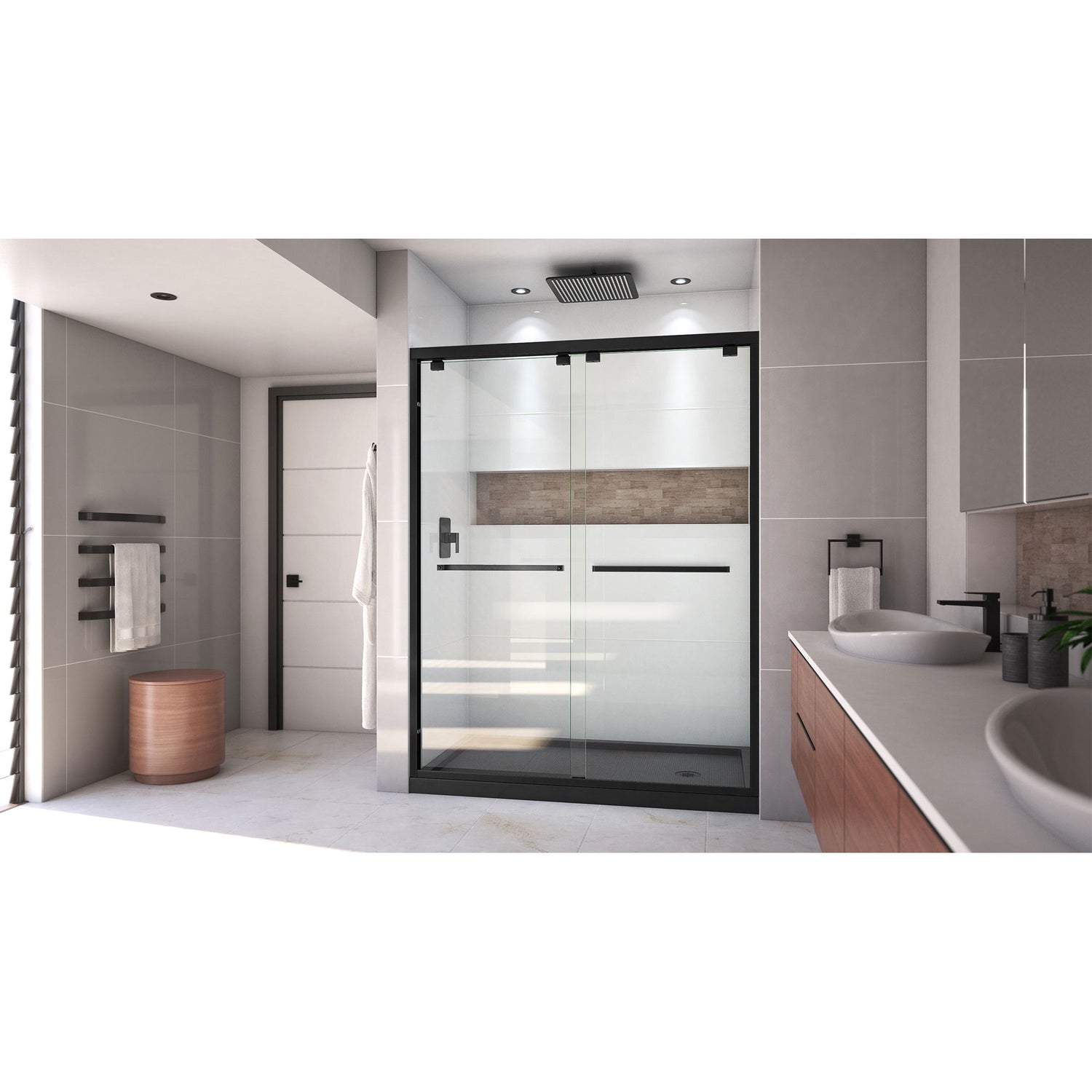 DreamLine Encore 32 in. D x 60 in. W x 78 3/4 in. H Bypass Shower Door in Satin Black and Right Drain Black Base Kit
