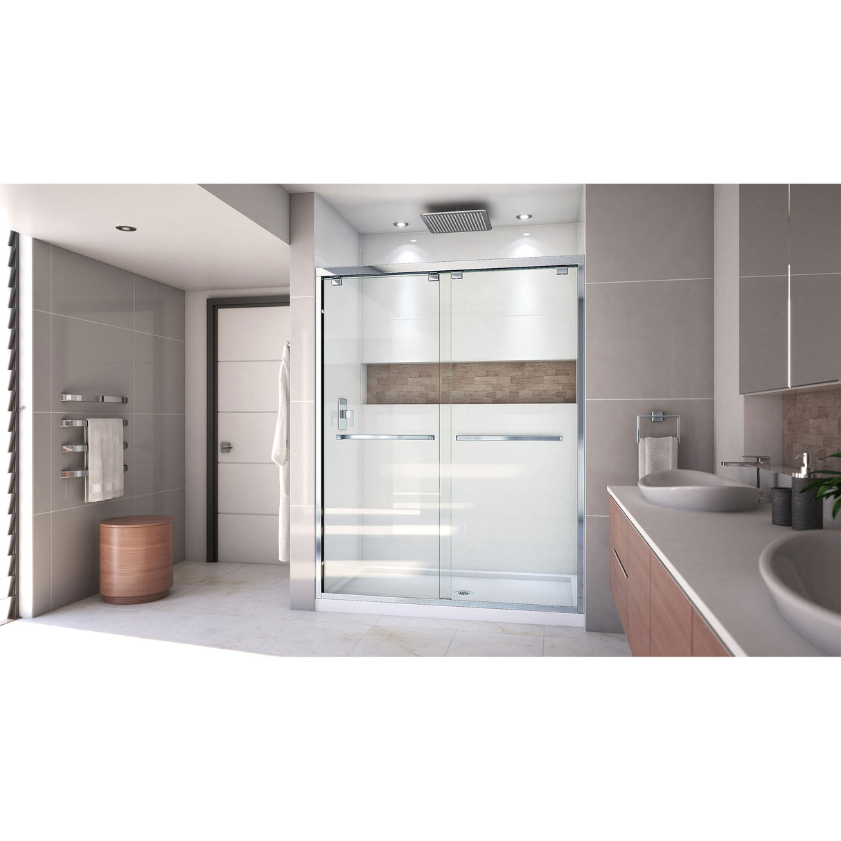 DreamLine Encore 34 in. D x 60 in. W x 78 3/4 in. H Bypass Shower Door in Chrome and Center Drain White Base Kit