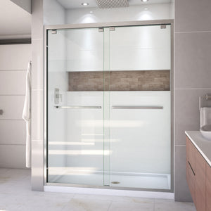 DreamLine Encore 34 in. D x 60 in. W x 78 3/4 in. H Bypass Shower Door in Brushed Nickel and Center Drain White Base Kit