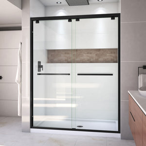 DreamLine Encore 32 in. D x 60 in. W x 78 3/4 in. H Bypass Shower Door in Satin Black and Center Drain White Base Kit