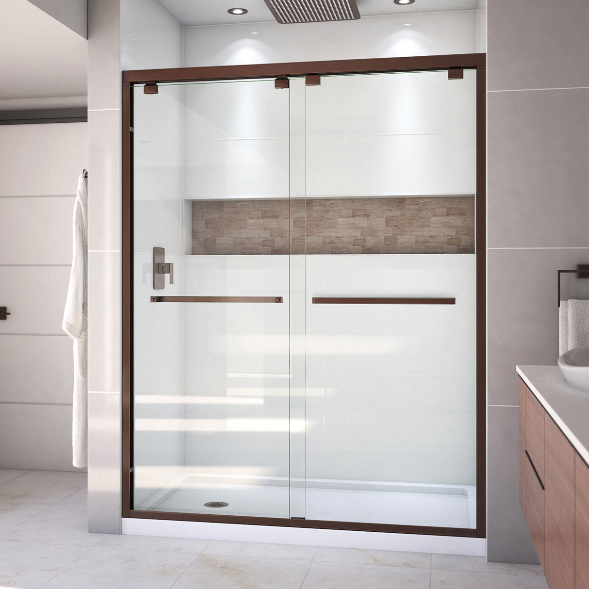 DreamLine Encore 30 in. D x 60 in. W x 78 3/4 in. H Bypass Shower Door in Oil Rubbed Bronze and Left Drain White Base Kit