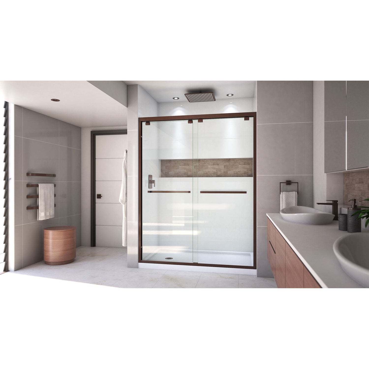 DreamLine Encore 30 in. D x 60 in. W x 78 3/4 in. H Bypass Shower Door in Oil Rubbed Bronze and Left Drain White Base Kit