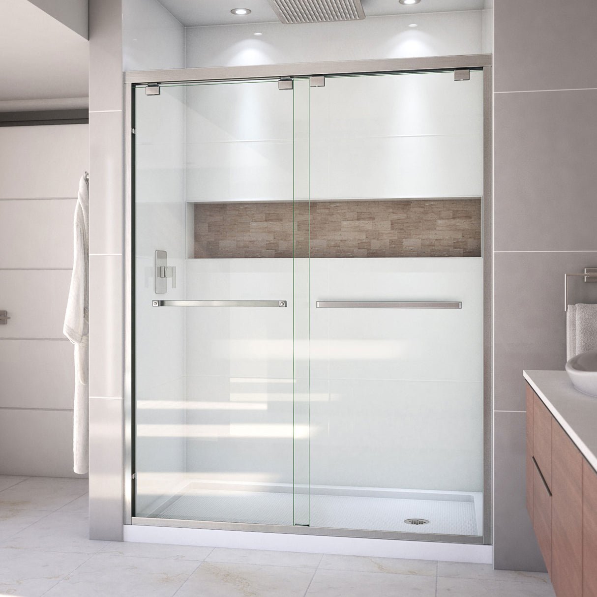 DreamLine Encore 30 in. D x 60 in. W x 78 3/4 in. H Bypass Shower Door in Brushed Nickel and Right Drain White Base Kit