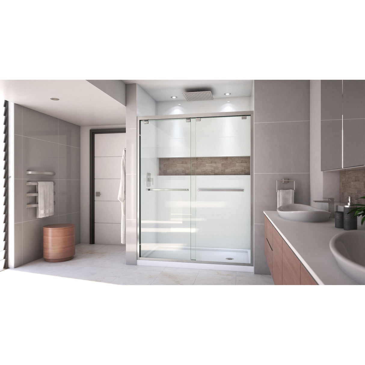 DreamLine Encore 30 in. D x 60 in. W x 78 3/4 in. H Bypass Shower Door in Brushed Nickel and Right Drain White Base Kit