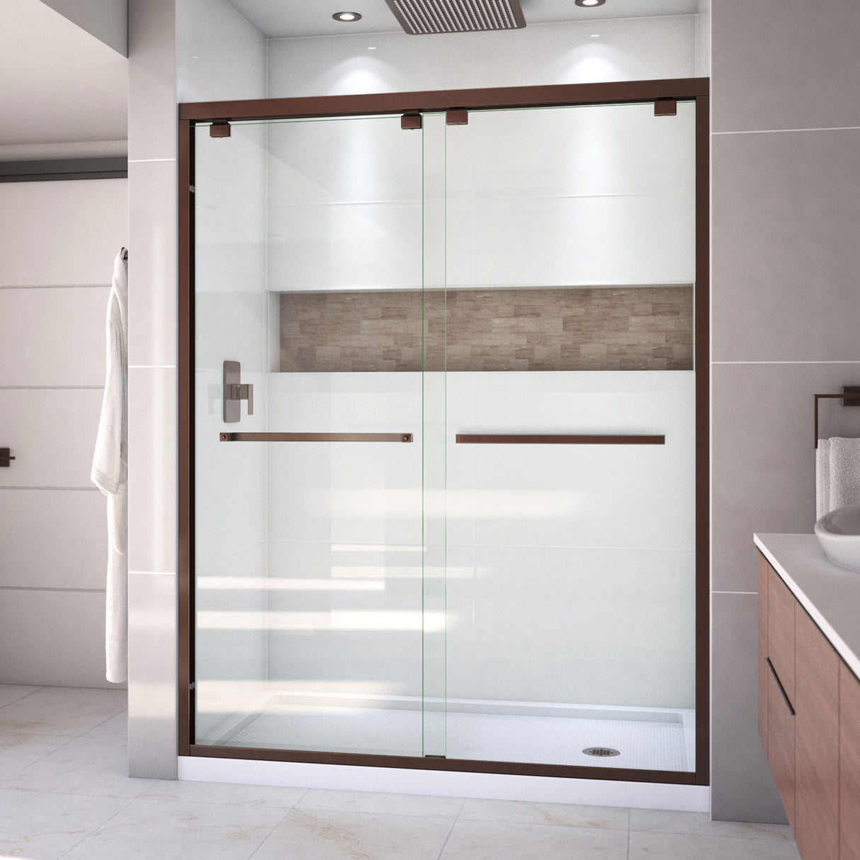 DreamLine Encore 32 in. D x 60 in. W x 78 3/4 in. H Bypass Shower Door in Oil Rubbed Bronze and Right Drain White Base Kit
