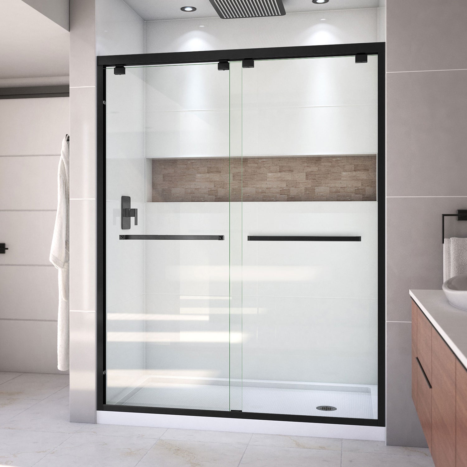 DreamLine Encore 32 in. D x 60 in. W x 78 3/4 in. H Bypass Shower Door in Satin Black and Right Drain White Base Kit