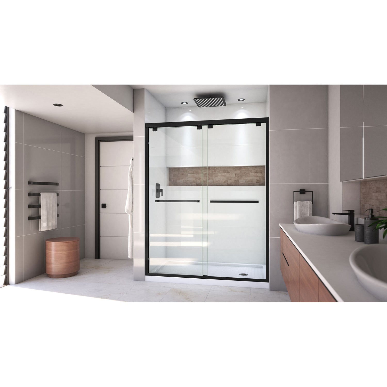DreamLine Encore 32 in. D x 60 in. W x 78 3/4 in. H Bypass Shower Door in Satin Black and Right Drain White Base Kit