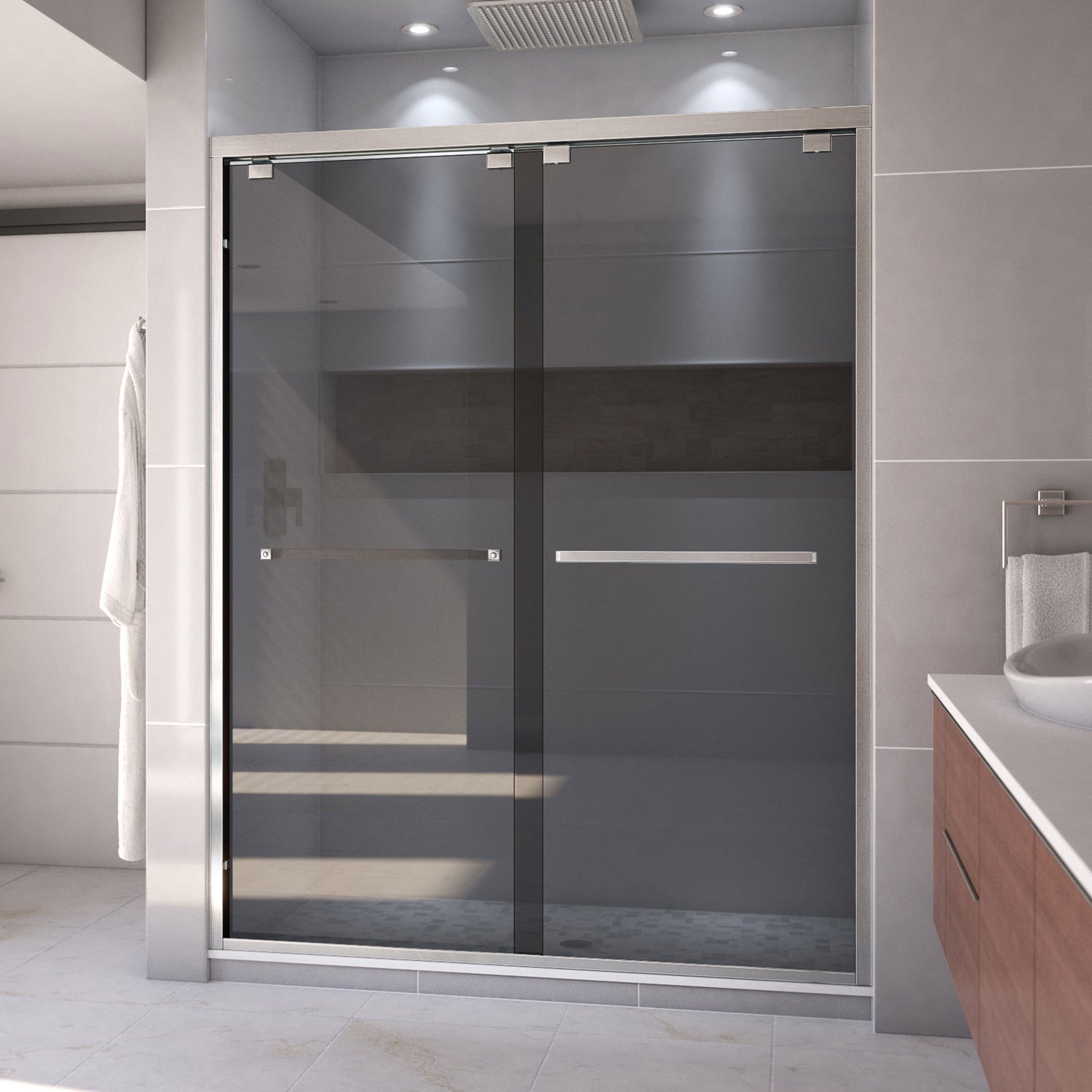 DreamLine Encore 56-60 in. W x 76 in. H Semi-Frameless Bypass Sliding Shower Door in Brushed Nickel and Gray Glass