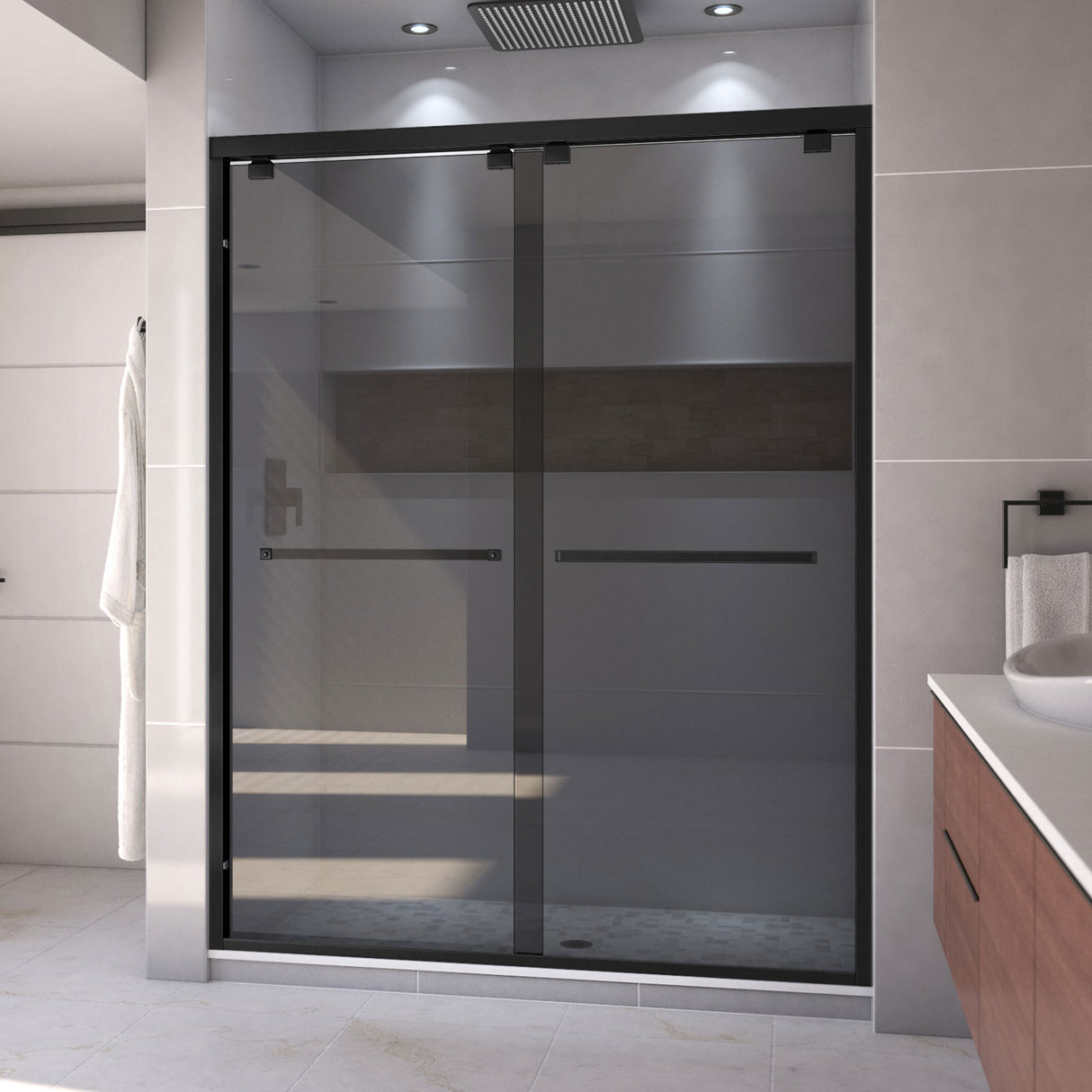 DreamLine Encore 56-60 in. W x 76 in. H Semi-Frameless Bypass Sliding Shower Door in Satin Black and Gray Glass