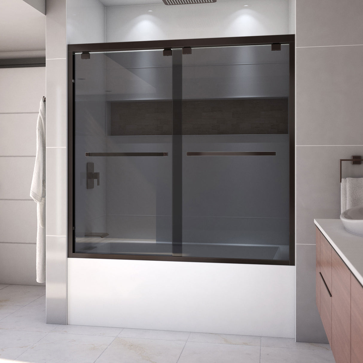 DreamLine Encore 56-60 in. W x 58 in. H Semi-Frameless Bypass Sliding Tub Door in Oil Rubbed Bronze and Gray Glass