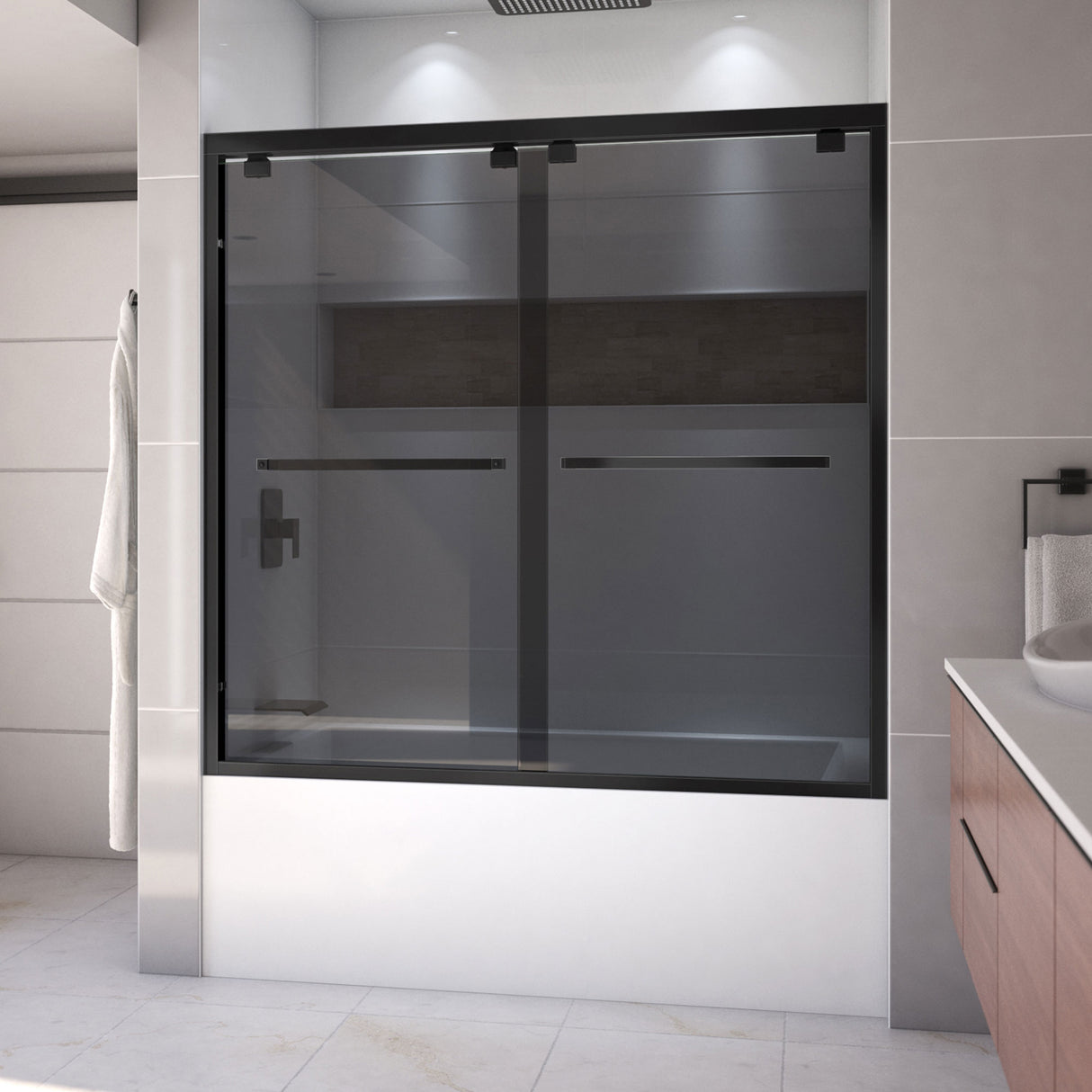 DreamLine Encore 56-60 in. W x 58 in. H Semi-Frameless Bypass Sliding Tub Door in Satin Black and Gray Glass