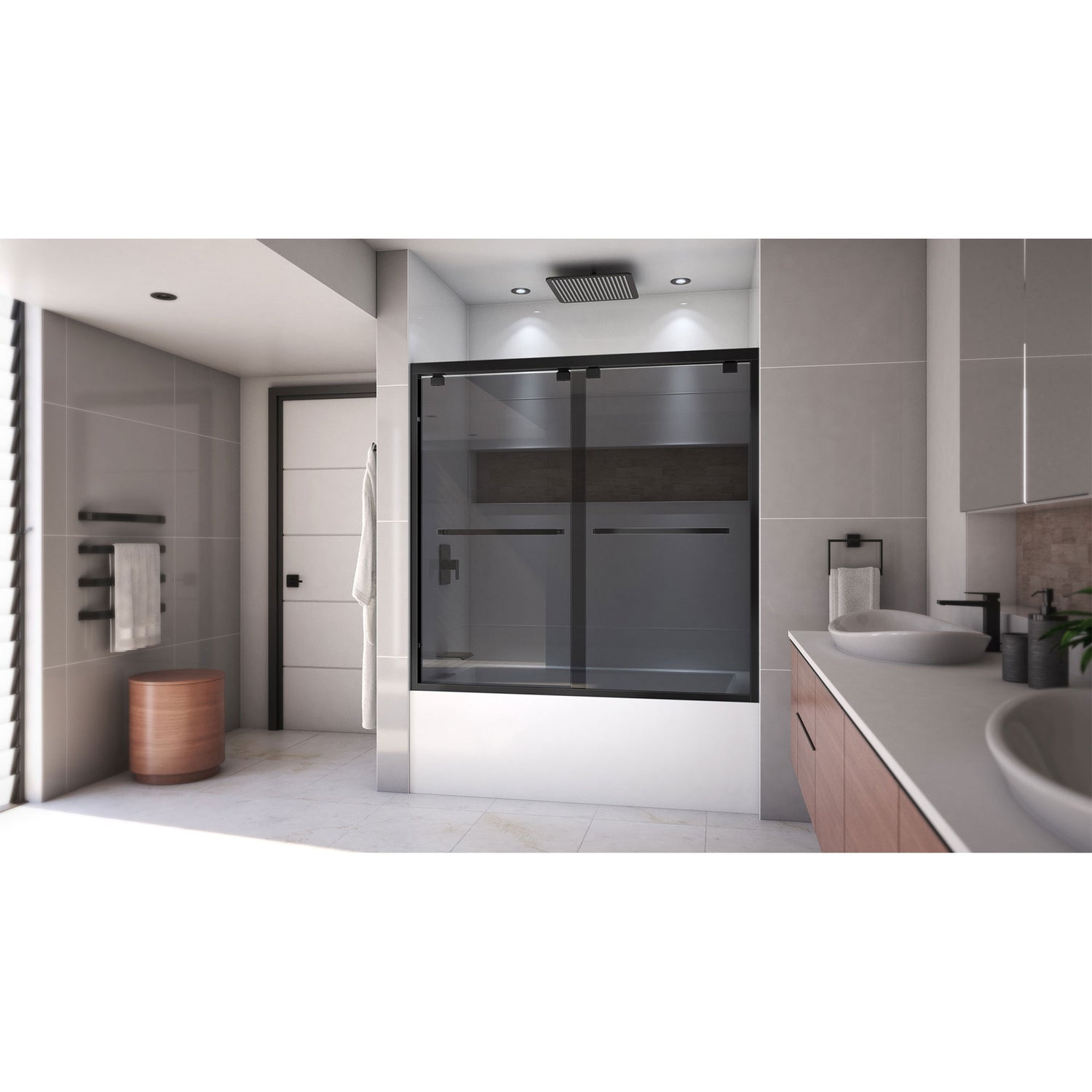 DreamLine Encore 56-60 in. W x 58 in. H Semi-Frameless Bypass Sliding Tub Door in Satin Black and Gray Glass