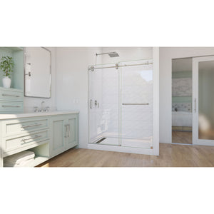 DreamLine Enigma-CXO 56-60 in. W x 76 in. H Fully Frameless Sliding Shower Door in Polished Stainless Steel with Towel Bar