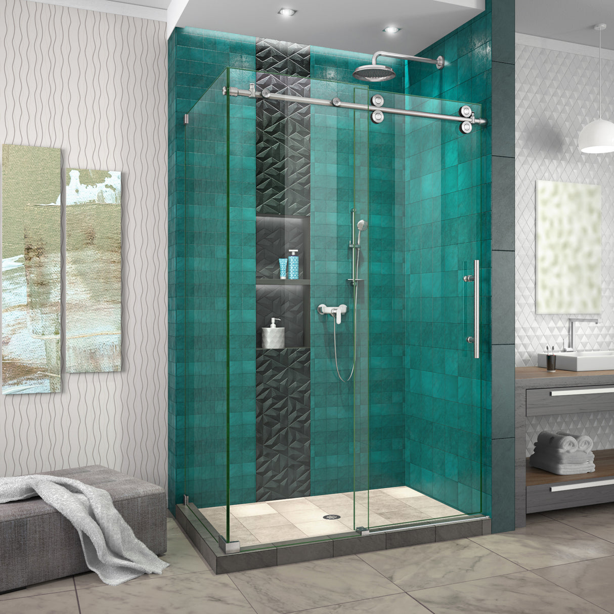 DreamLine Enigma-XO 32 1/2 in. D x 44 3/8-48 3/8 in. W x 76 in. H Frameless Shower Enclosure in Brushed Stainless Steel