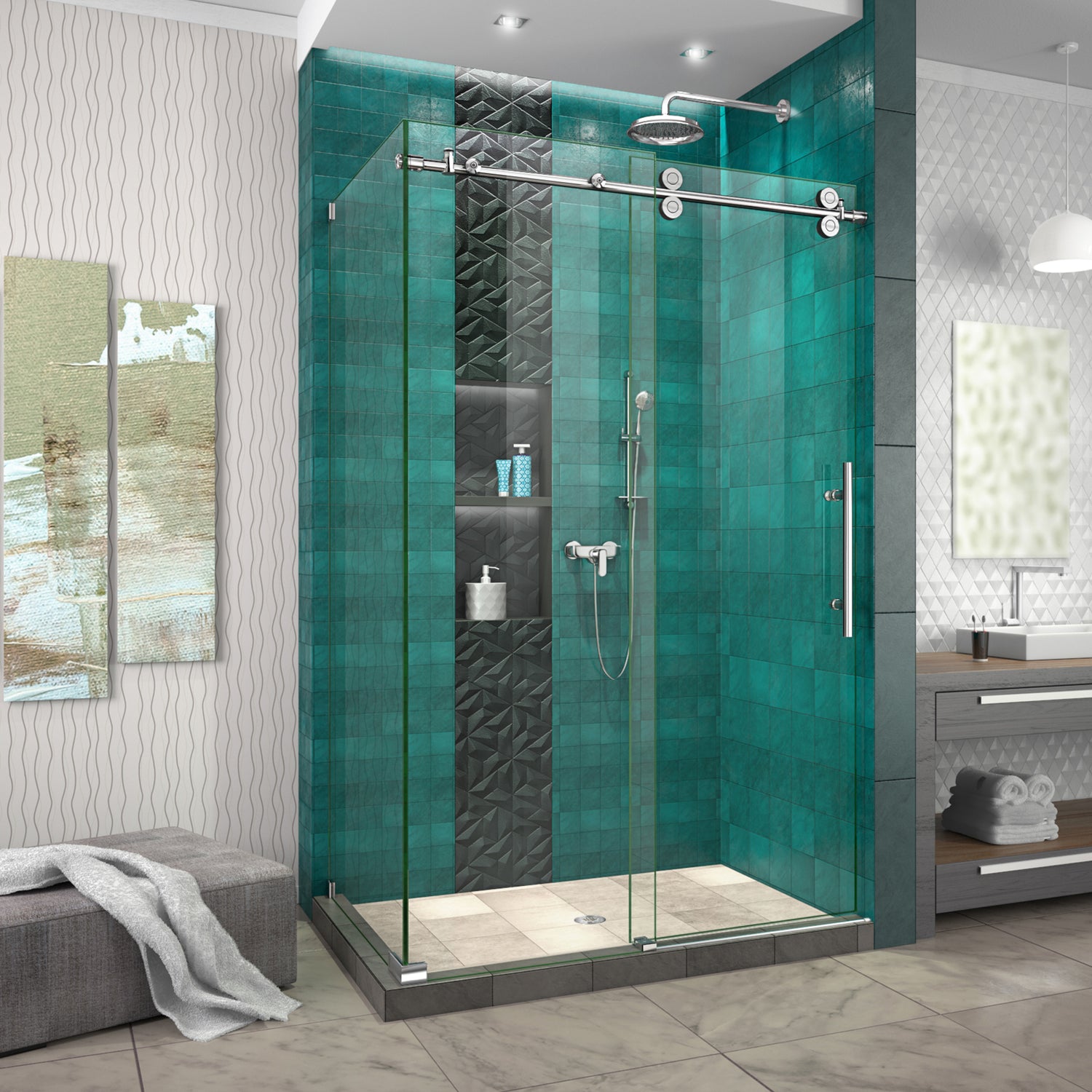 DreamLine Enigma-XO 32 1/2 in. D x 44 3/8-48 3/8 in. W x 76 in. H Frameless Shower Enclosure in Polished Stainless Steel