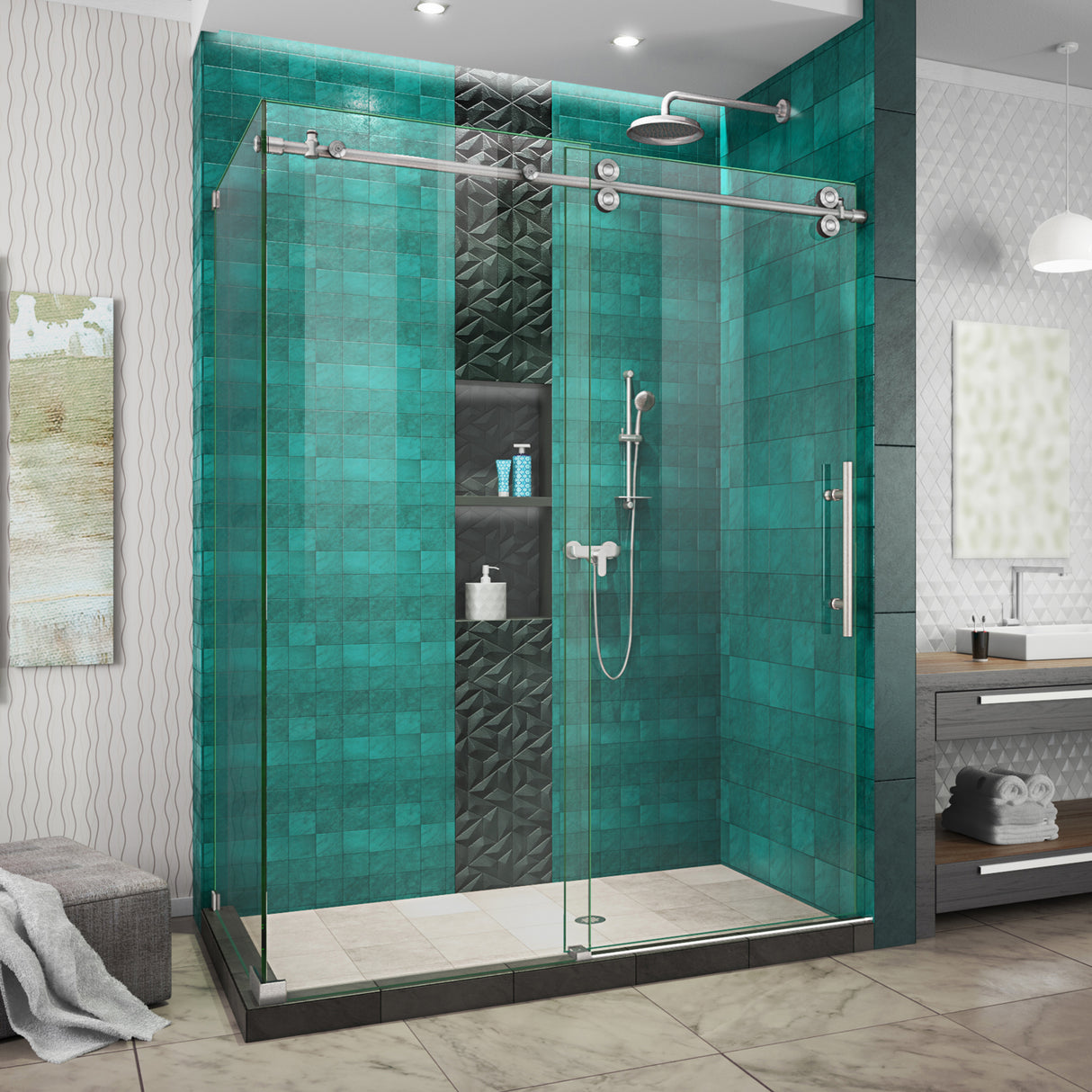 DreamLine Enigma-XO 32 1/2 in. D x 56 3/8-60 3/8 in. W x 76 in. H Frameless Shower Enclosure in Brushed Stainless Steel